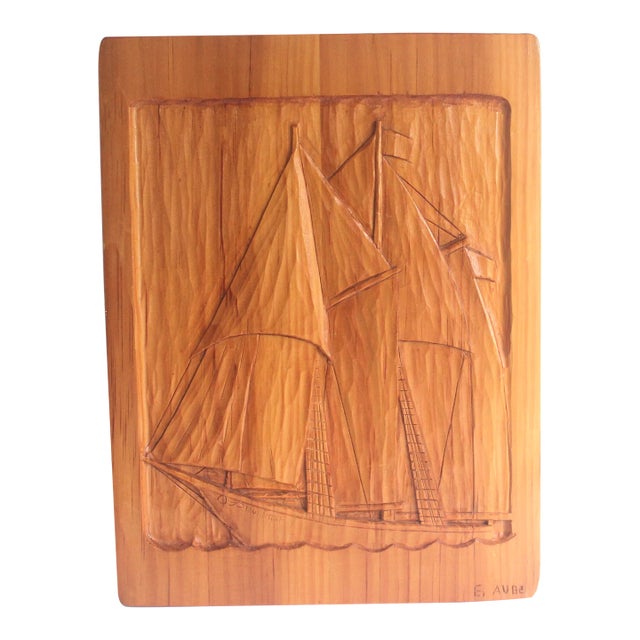Vintage Carved Wood Bluenose Sailboat Wall Hanging Canadian Folk Art Handmade Wood Sculpture Signed by Artist For Sale