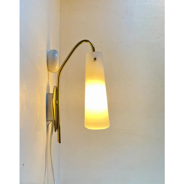 Scandinavian Wall Sconce in Brass and White Glass, 1950s For Sale - Image 3 of 9