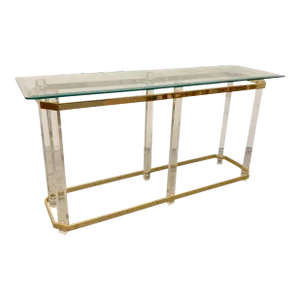 1970s Hollywood Regency Lucite and Brass Console in the Style of Charles Hollis Jones