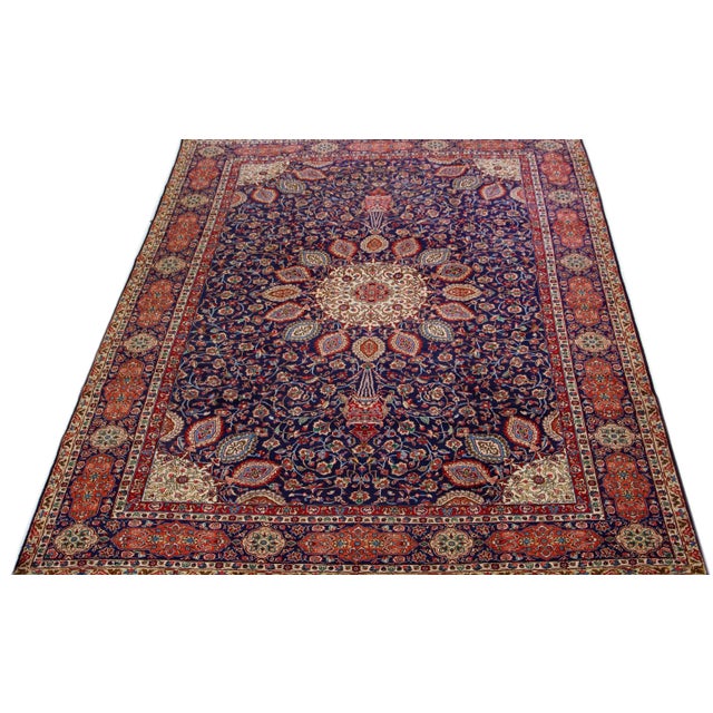 Persian 1960s Vintage Persian Tabriz Navy Blue Handmade All-Over Medallion Wool Rug For Sale - Image 3 of 7
