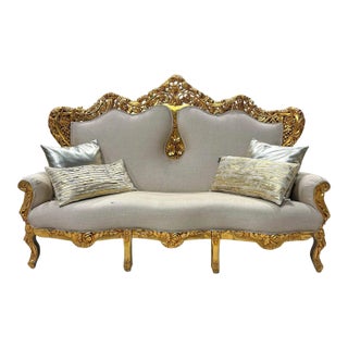 1990s Baroque Style Tan Sofa – French Design With Gold Leaf Details For Sale