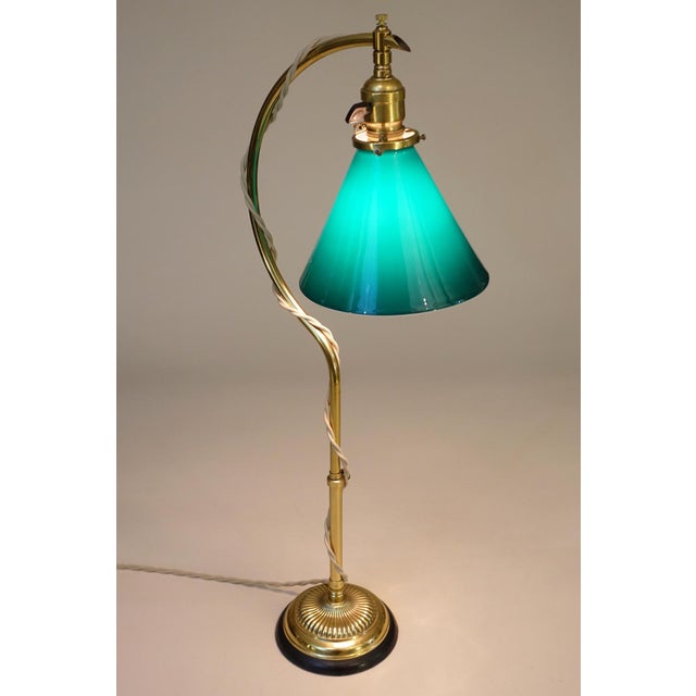 Brass Vintage Faries Industrial Machine Age Brass 'C' Table Emeralite Shade Lamp 1910's Oc White Era Original Pristine Condition For Sale - Image 8 of 13