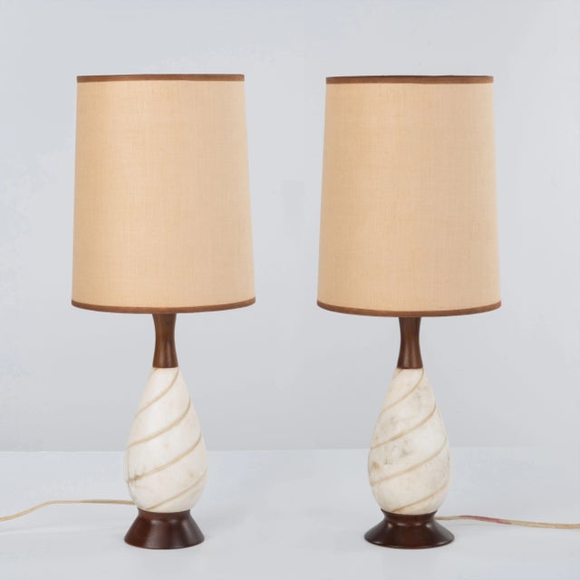 Mid Century Marble Walnut Lamps Italy - a Pair For Sale - Image 13 of 13