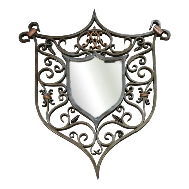 Coat of Arms Mirror in Wrought Iron and Copper, 19th Century For Sale
