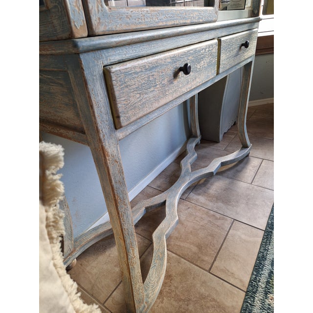 French Country Vintage French Country Carved Pine Curio Cabinet & China Hutch For Sale - Image 3 of 10