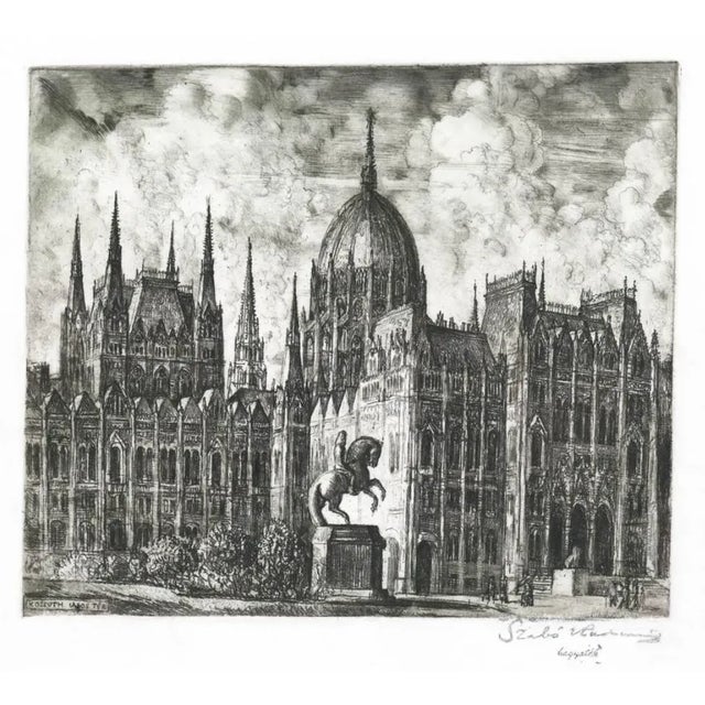 Traditional 1990s Kossuth Lajos Square and Hungarian Parliament Etching For Sale - Image 3 of 3