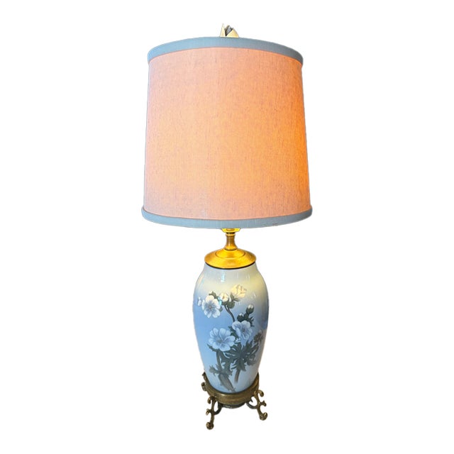 Vintage Bing & Grondahl Copenhagen Danish Porcelain Floral Vase Table Lamp With Brass Footed Base For Sale