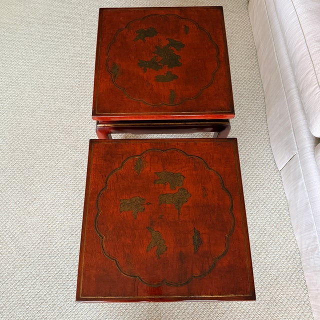 Pair Red Asian Square Tables This vintage set feels timeless. Use together as a coffee table or separate for end tables....