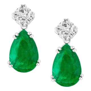 GIA Certified 11 Ct Pear Cut COLOMBIAN Emerald & 1 Ct Each Diamond Drop Earrings For Sale