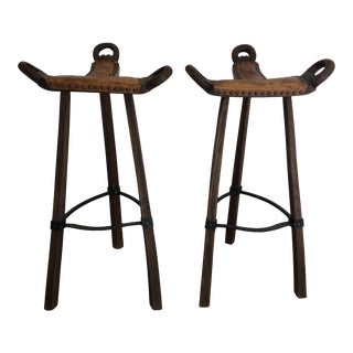 Brutalist Leather & Wood Bar Stools - a Pair For Sale