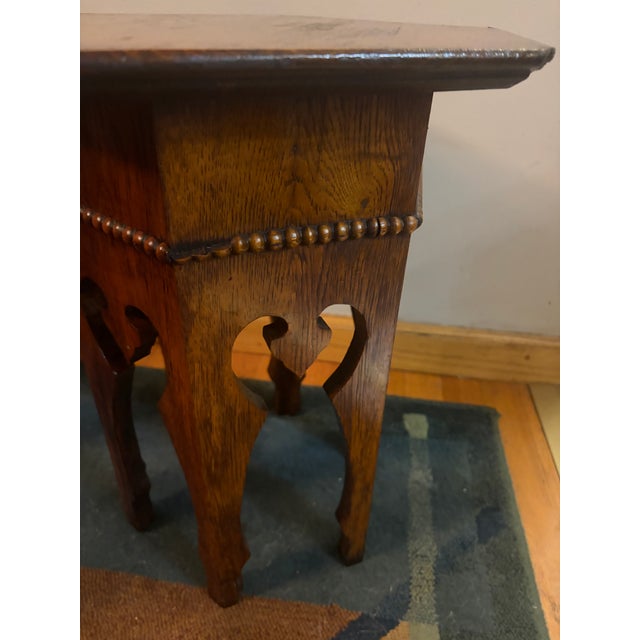 Moorish-style hexagonal accent table. Beautiful wood and carved accents.