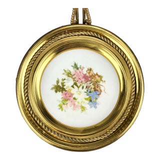 Mid 1800s German Bisque Porcelain Plate Enclosed to Brass Pedestal Base With Old Newspapers For Sale