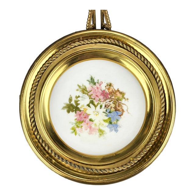 Mid 1800s German Bisque Porcelain Plate Enclosed to Brass Pedestal Base With Old Newspapers For Sale