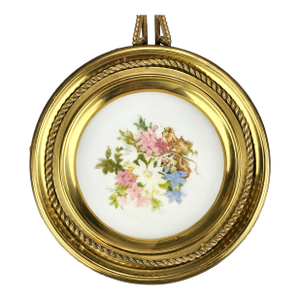 Mid 1800s German Bisque Porcelain Plate Enclosed to Brass Pedestal Base With Old Newspapers