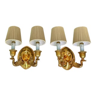 Pair French Empire Style Brass Swan Wall Sconces For Sale