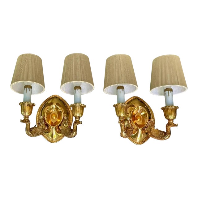 Pair French Empire Style Brass Swan Wall Sconces For Sale