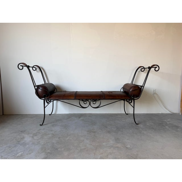 Mid-Century Modern Vintage Rustic Wrought Iron & Leather Scroll Bench For Sale - Image 3 of 16