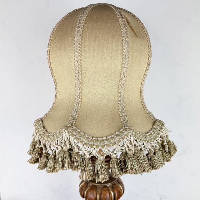 Vintage Italian Silk Lampshade Carved Wood Table Lamp, 1980s For Sale - Image 4 of 16
