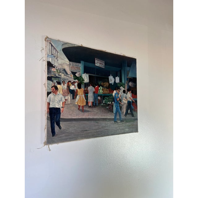 Amazing Vintage impressionist oil on canvas painting depicts 80's daily life in Havana Cuba of a street market scene. The...