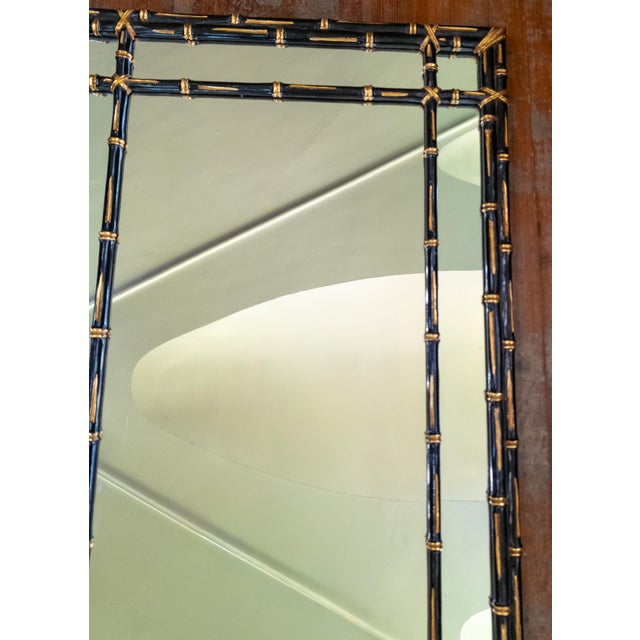 Late 20th Century Mid-Century Faux Bamboo Chinoiserie Black and Gold Carved Wood Mirror For Sale - Image 5 of 16