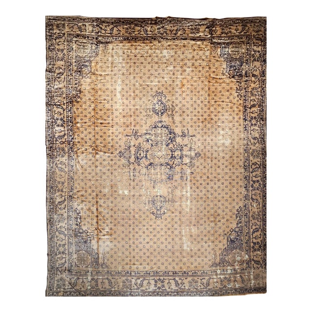 Vintage Turkish Oushak Rug, Hand-Knotted Wool, Geometric Design, Camelhair, 15' X 18' For Sale