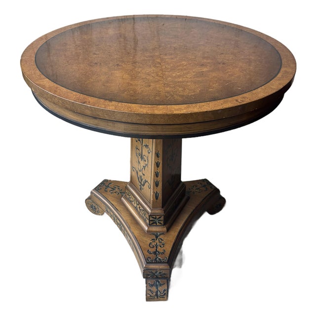 1930s French Art Deco Burl Wood Gueridon Table, Hand Painted Pedestal Base For Sale