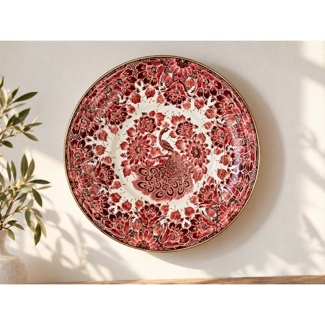 20th Century Delft Red Regina Wall Plate with Peacock Motif and Gold Decoration, Holland, 1950s For Sale - Image 3 of 17