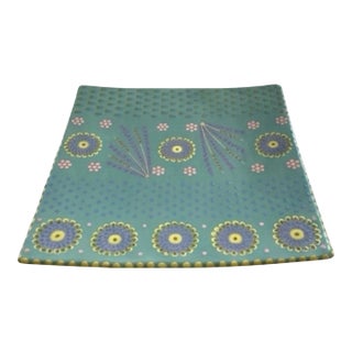 Large Handmade South African Ceramic Platter – Teal and Ochre Slip-Dot Floral Square Plate For Sale