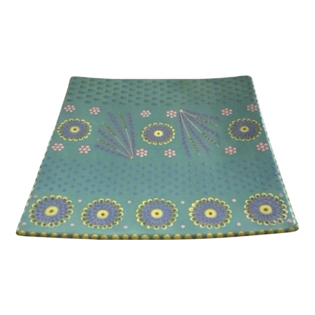 Large Handmade South African Ceramic Platter – Teal and Ochre Slip-Dot Floral Square Plate For Sale