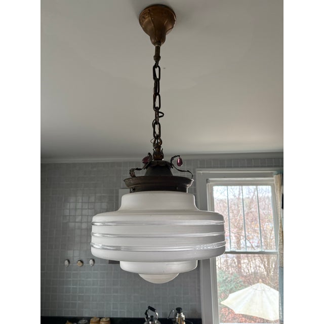 Glass 1930s Pendant Light With Glass Globe and Brass Canopy For Sale - Image 7 of 7