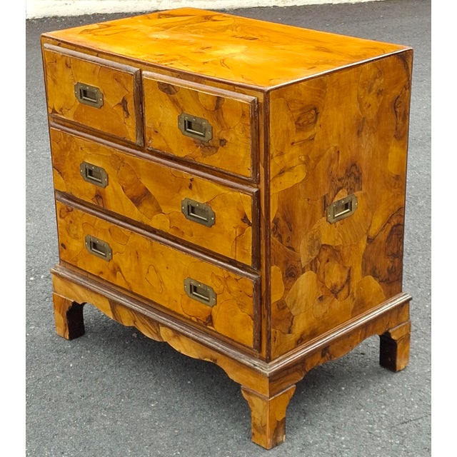 Mid 20th Century Burl Olivewood Italian Campaign Style Petite Four-Drawer Chest For Sale In Washington DC - Image 6 of 11