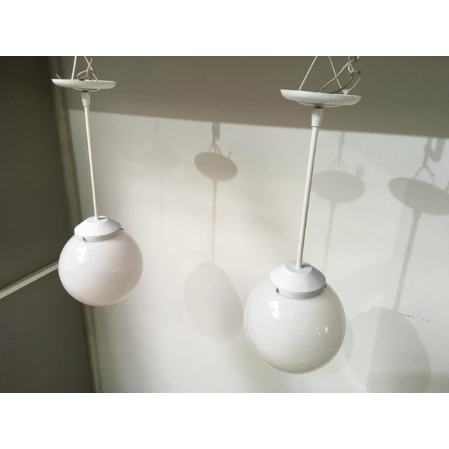 Mid-Century Modern Pair of Mid-Century Modern Feldman Globe Pendant Lights, Los Angeles, Refinished White & Milk Glass For Sale - Image 3 of 11