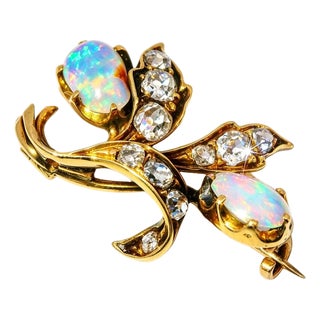 1970s 14K Yellow Gold Opal Rose Cut Diamond Pendant Brooch Pin For Sale