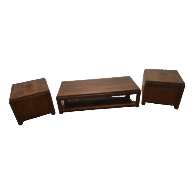 Lane Walnut Modern Coffee Table + End Tables Set, 1981 – Mid Century Revival Collection For Sale