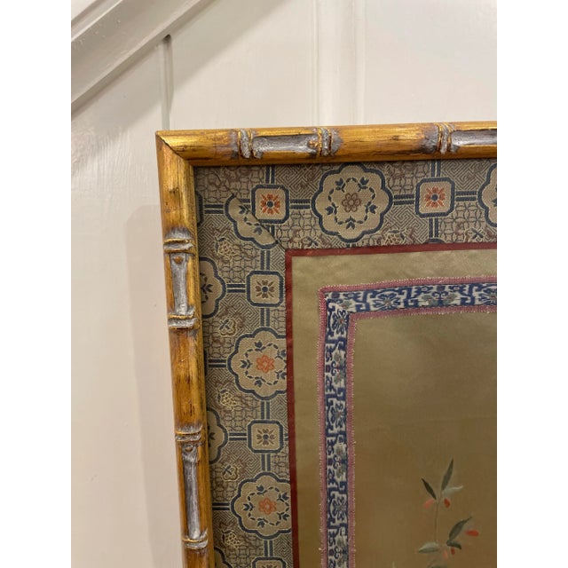 Mid 20th Century Large Mid 20th Century Chinese Asian Silk Flowers Embroidery Panel in Gold Bamboo Frame For Sale - Image 5 of 9