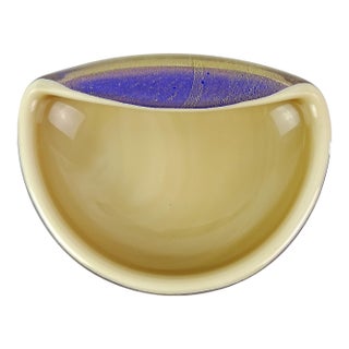 Vintage Seguso Murano 1956 Sapphire Blue Tan Gold Flecks Italian Art Glass Midcentury Decorative Bowl For Sale