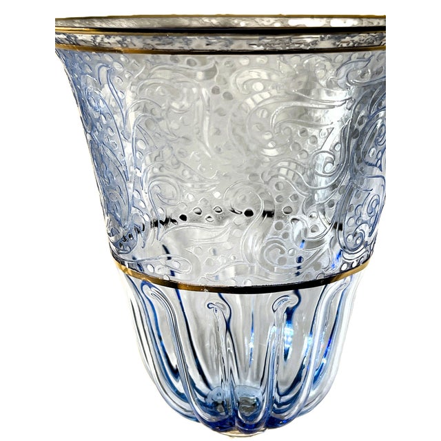 Late 20th Century Pair of Hand-Blown Murano Etched Pale-Blue Gold-Stem Goblets For Sale - Image 5 of 6