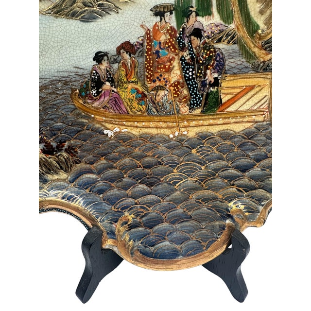 1960s Vintage Satsuma Hand Painted Earthenware Platter With Scalloped Edges For Sale - Image 5 of 12