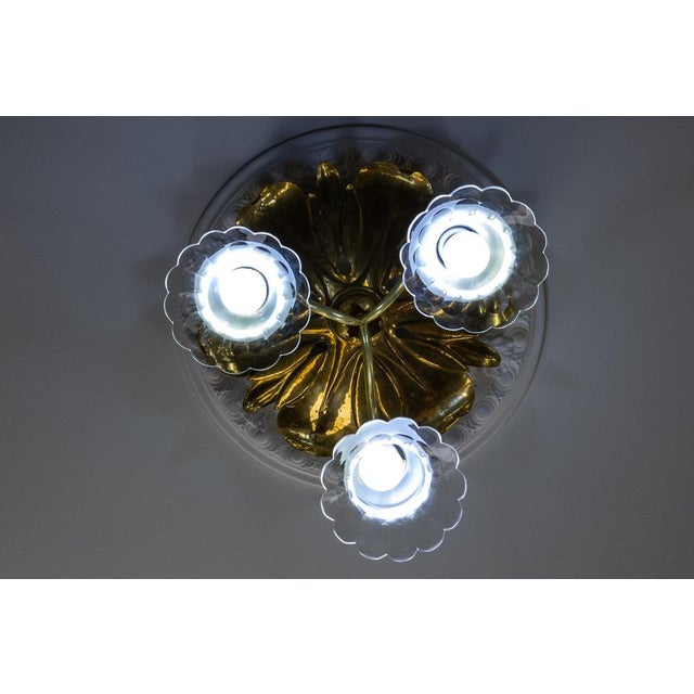 French Art Nouveau Brass and Glass Three-Light Flush Mount Ceiling Light, 1920 For Sale - Image 6 of 18