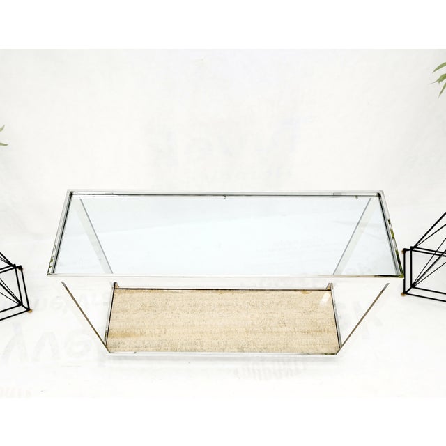 Polished Stainless Steel Glass Top Travertine Bottom Rectangle Console Table For Sale - Image 6 of 12