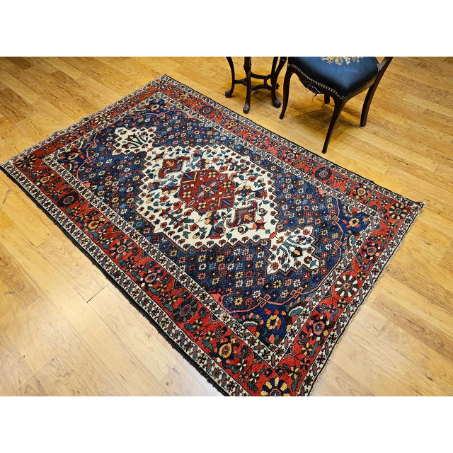 Vintage Persian Bakhtiari Bibibaft Rug, Hand-Knotted Wool, Geometric Medallion Design, Vegetable Dyes, Navy & Red, 5x7 For Sale In Chicago - Image 6 of 18