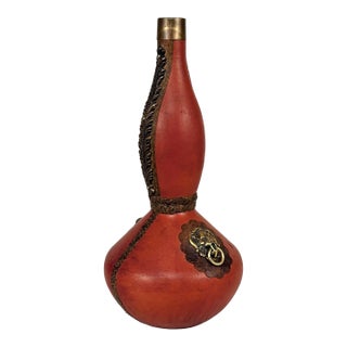 Vintage Italian Revival Red Leather Cognac Decanter W/ Lion Head Motif For Sale