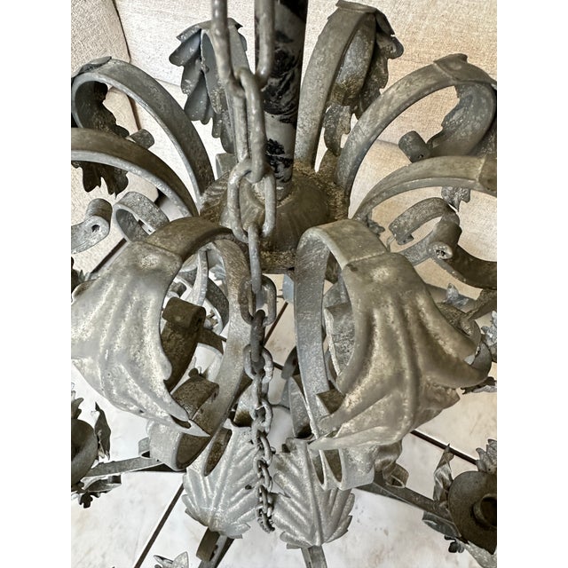 Vintage Patina Wrought Iron Tole Leaf 8 Candle Chandelier 30" Heavy French Style For Sale - Image 10 of 13