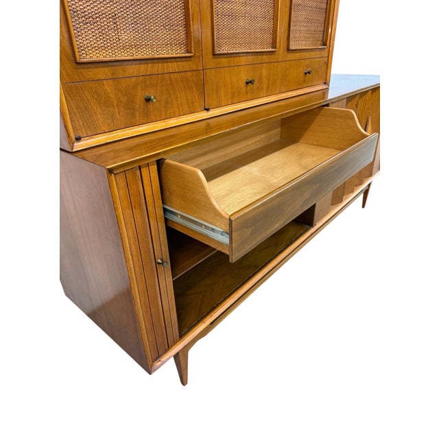 Mid-Century Modern Walnut & Cane 2-Piece Tambour Hutch For Sale In Philadelphia - Image 6 of 10