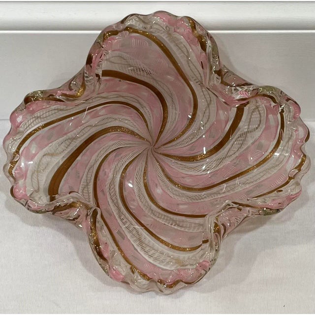 Metal 1950s Salvati Murano Pink Latticino Ribbon Ruffled Bowl or Catchall For Sale - Image 7 of 7
