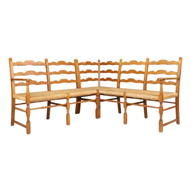 French Provincial Oak and Rush Corner Bench, 1960s For Sale