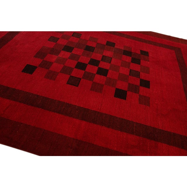 2010s Modern Kilim Flatweave Chess Pattern Red Wool Rug For Sale - Image 5 of 11