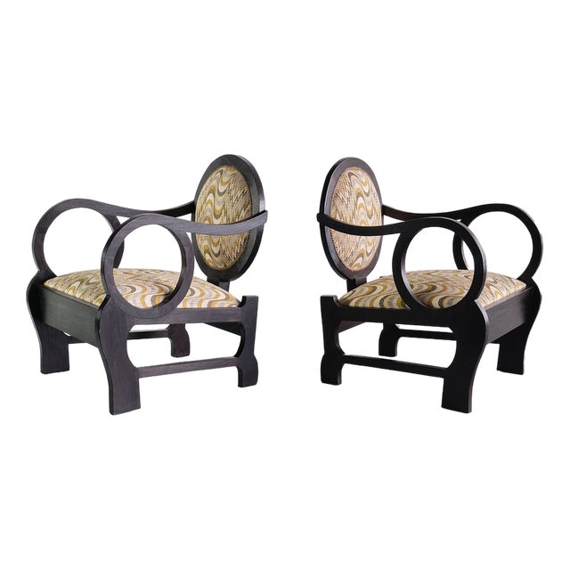 Set of Vintage Armchairs in Oak and Dedar Jacquard by Lajos Kozma, 1940s For Sale