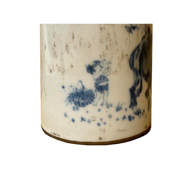 Chinese Distressed White Porcelain Blue Kids Cow Graphic Holder Vase For Sale - Image 9 of 10