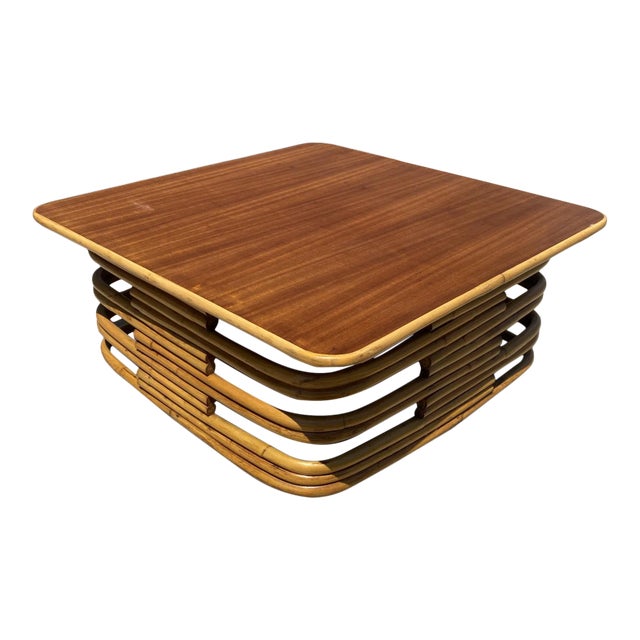 1940s Restored Stacked Slat Rattan Cocktail Table With Cutouts and Mahogany Top For Sale